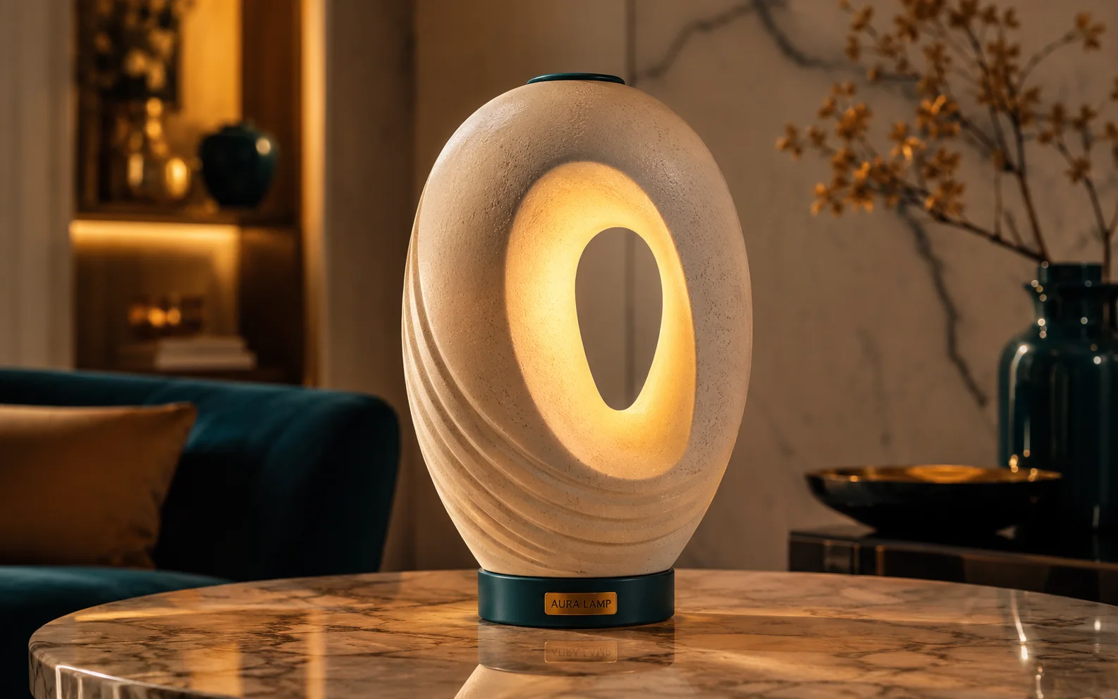 Ceramic smart lamp product ad with warm interior lighting and realistic surface detail.