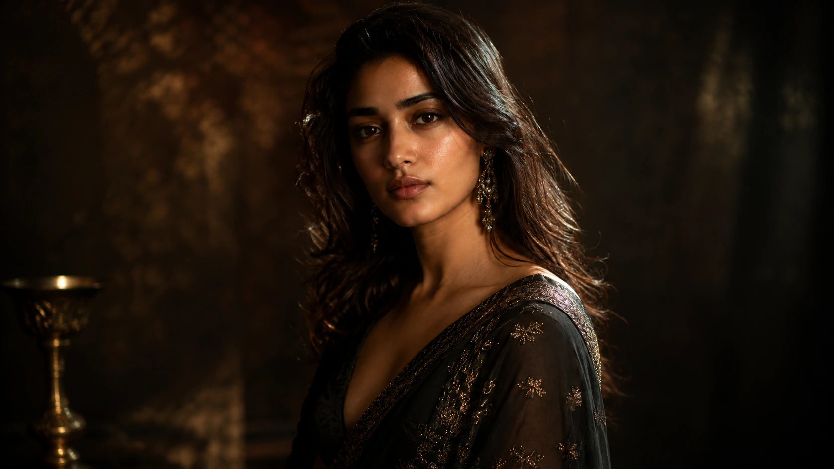 A cinematic portrait with warm studio lighting and a dark background.