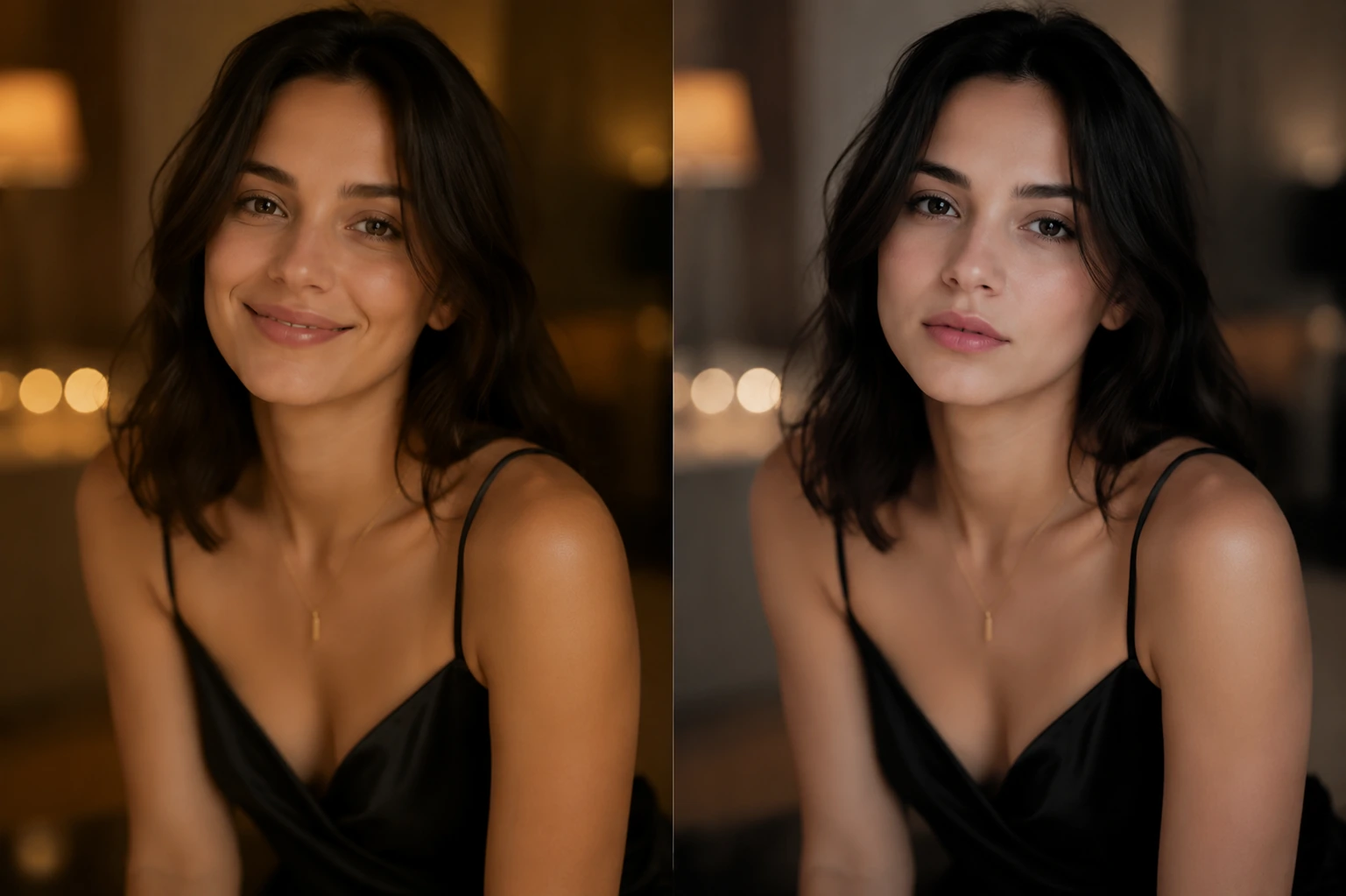 Side-by-side portraits of the same person with different lighting and mood.