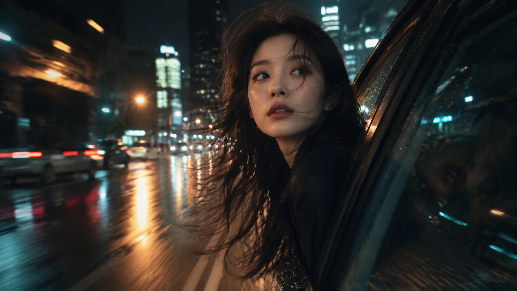 A person leaning from a moving car on a rainy city street at night.