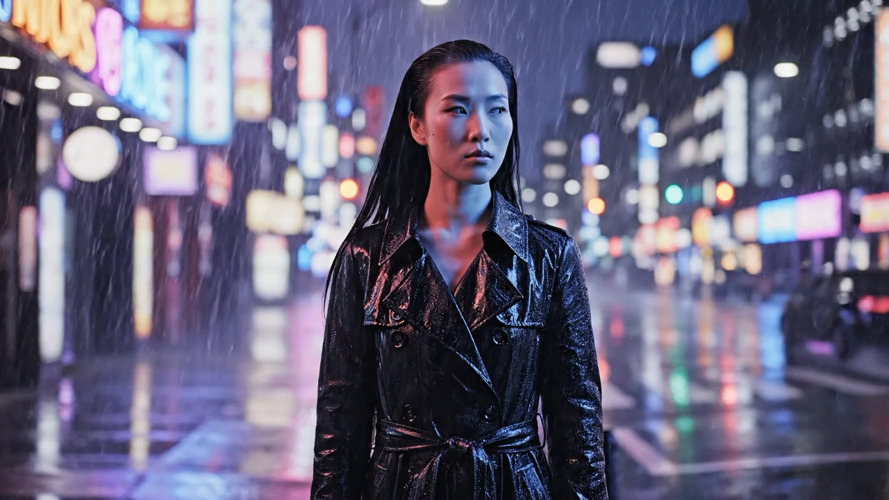 A person in a black coat standing in a rainy street lit by neon signs.