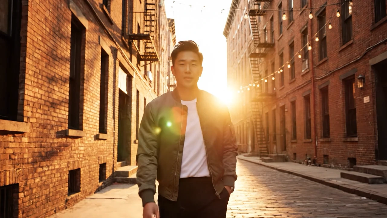 A person walking through a brick-lined street in warm sunset light.