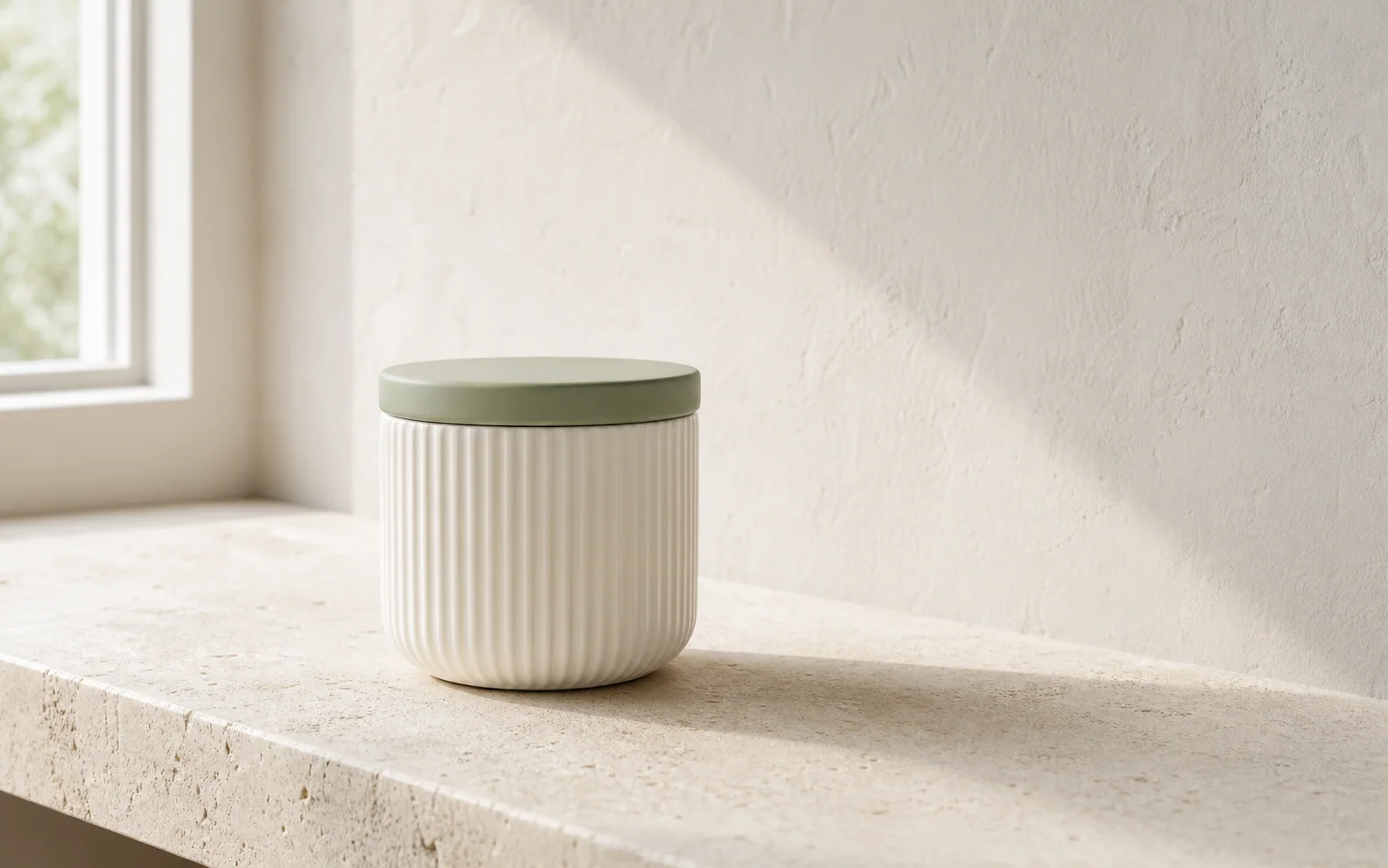 Ribbed ceramic candle with a sage lid in an airy window-lit interior.