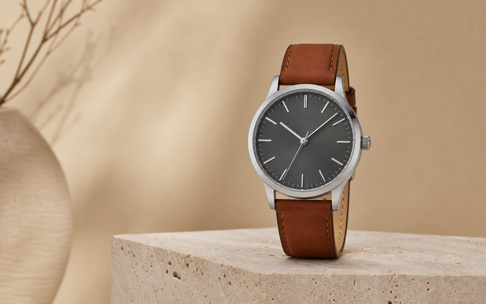 Brown leather wristwatch photographed on travertine in a warm minimal studio.