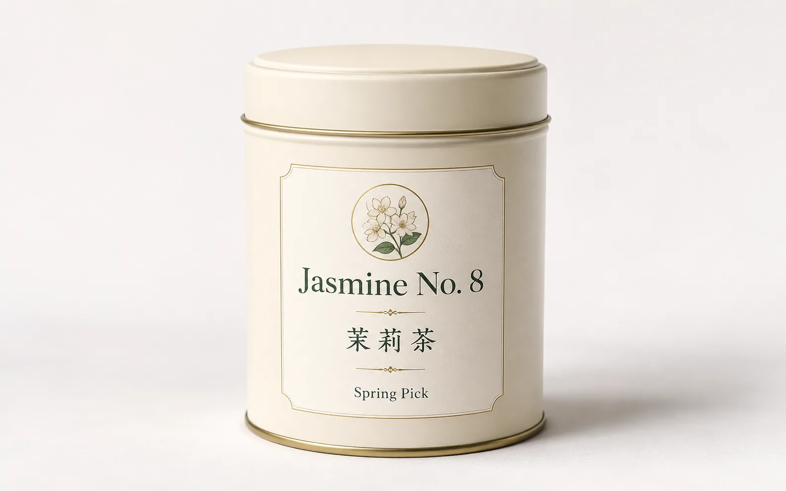 Jasmine tea tin with readable Jasmine No. 8 and Chinese label text.