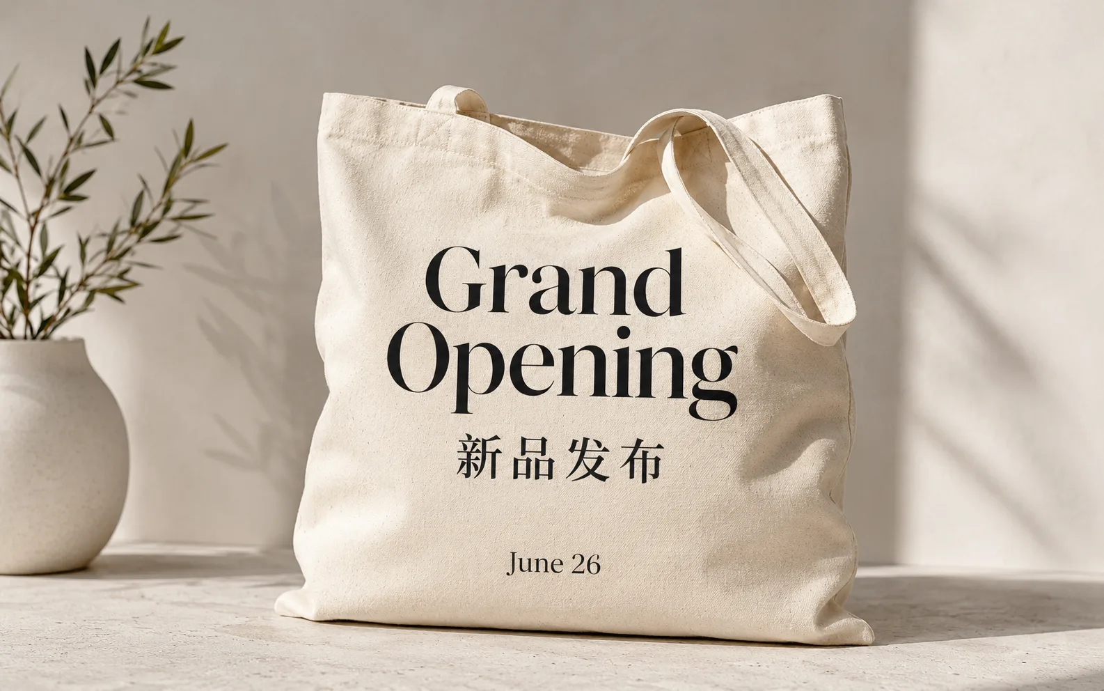 Canvas tote bag with readable Grand Opening and Chinese launch text printed on fabric.