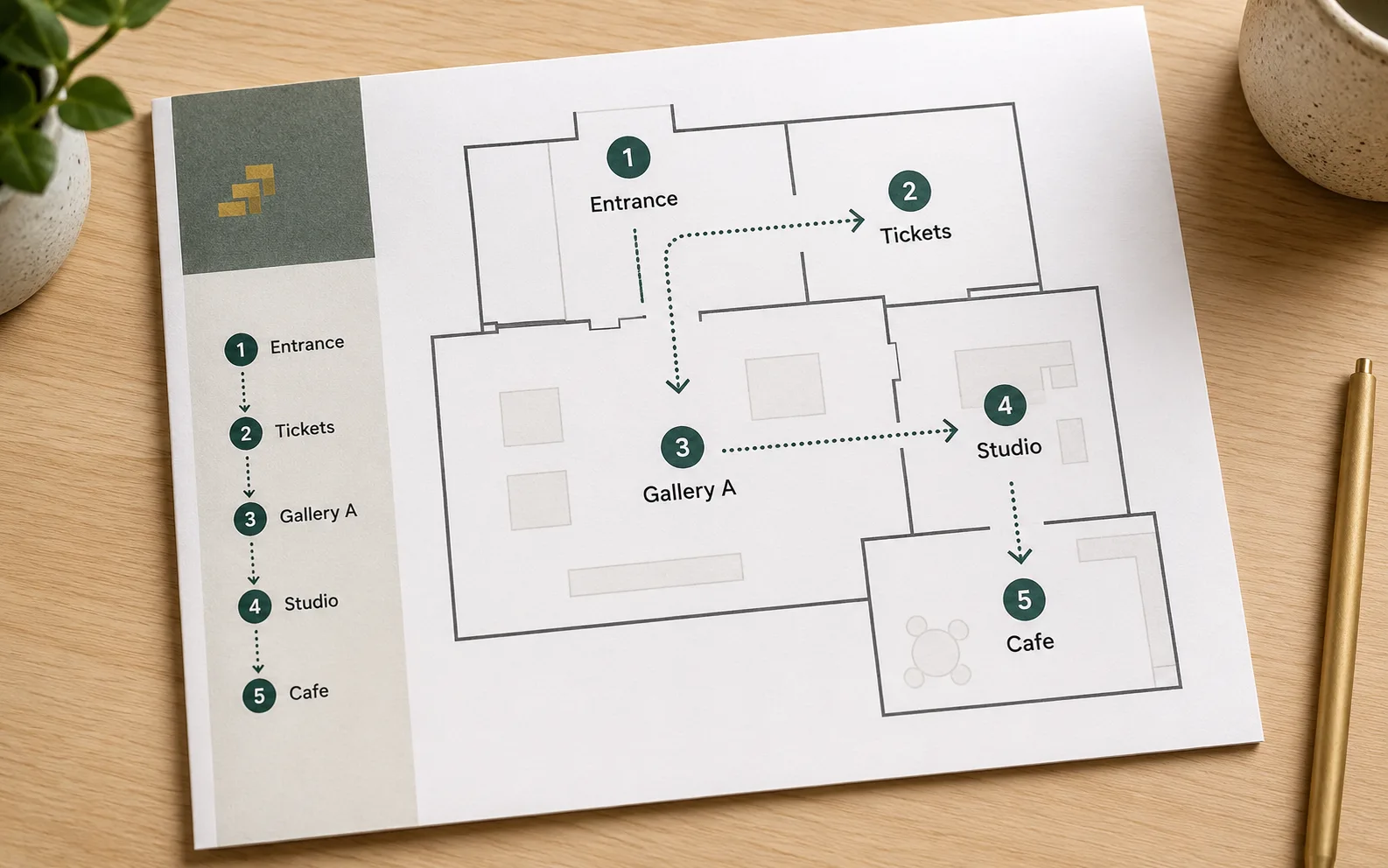 Printed museum wayfinding map with numbered route labels and directional arrows.