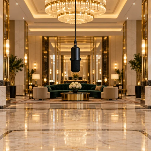 Marble hotel lobby with one hanging microphone