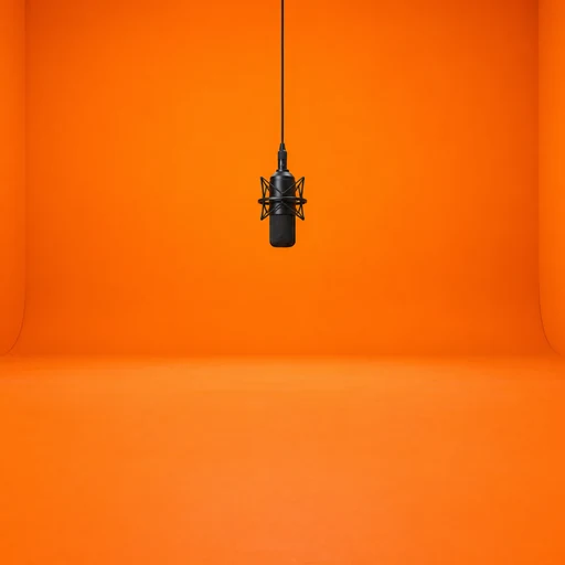 Seamless orange studio with one hanging microphone