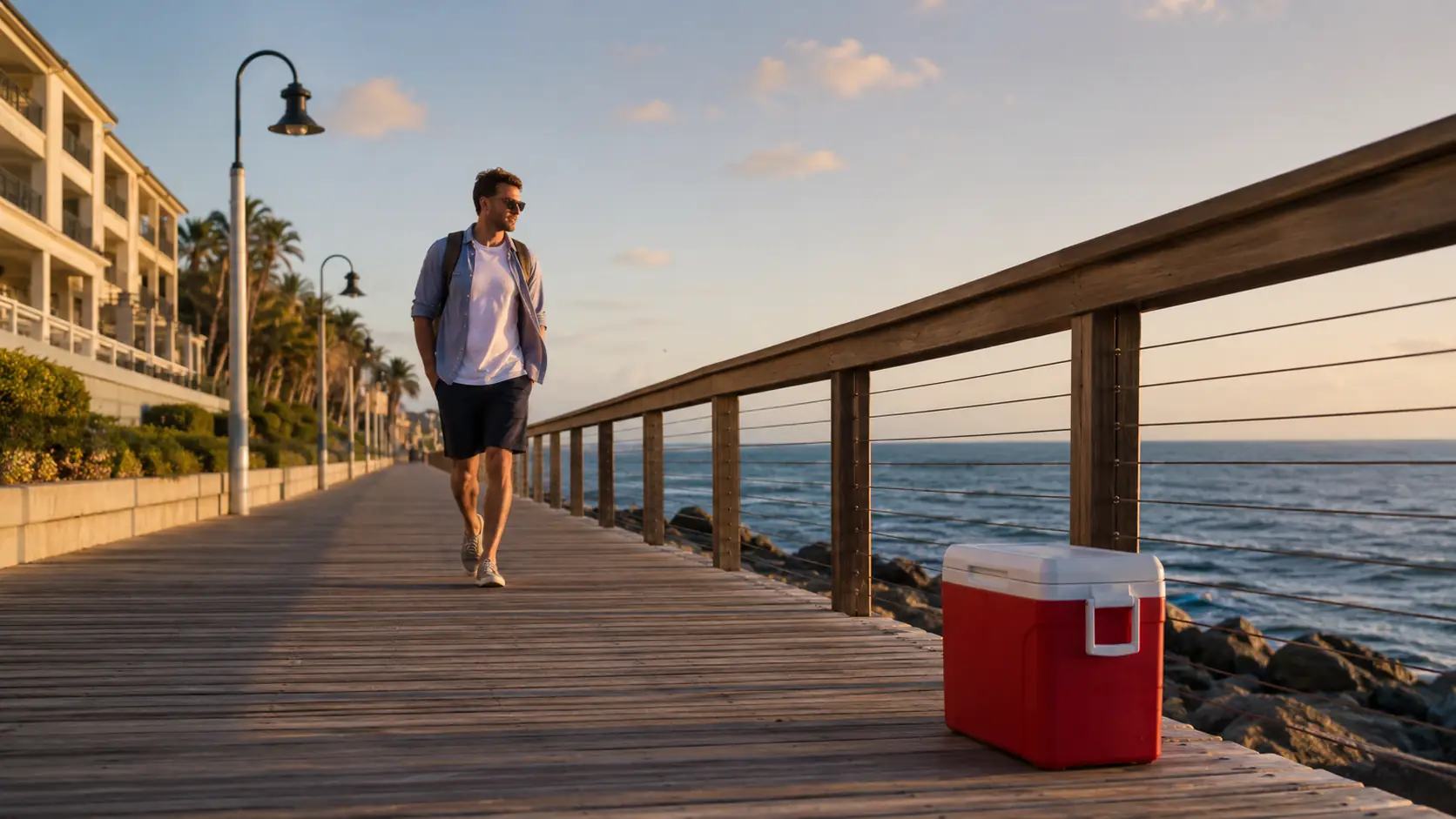 Before-and-after slider showing a red cooler removed from a boardwalk scene.