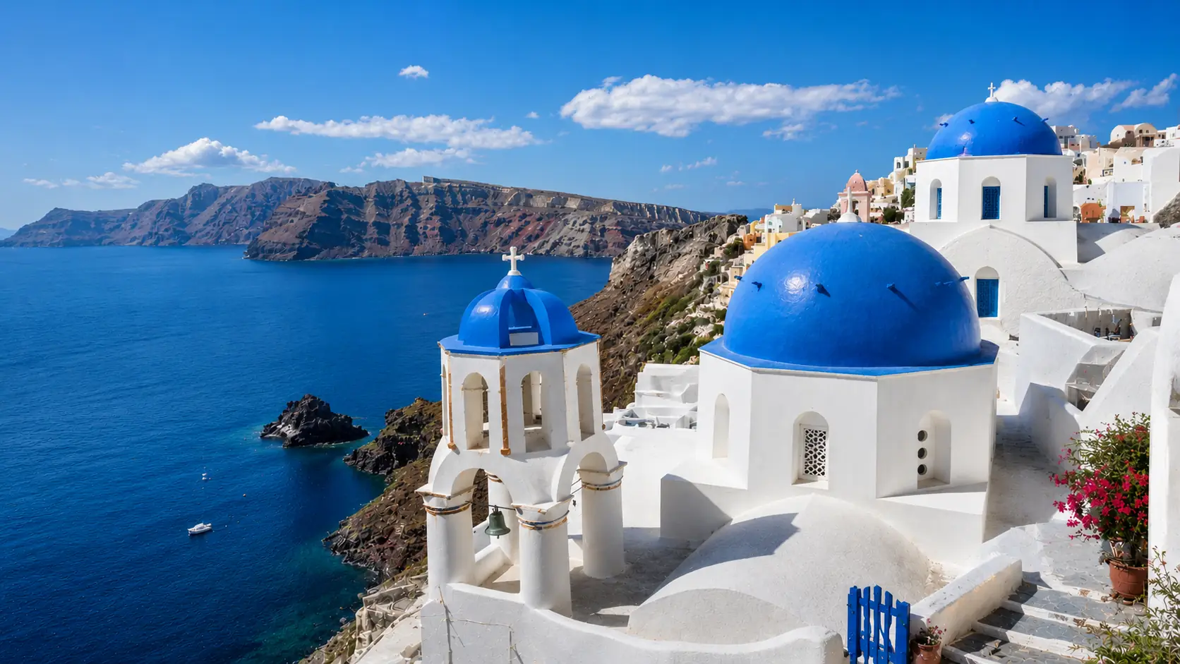Before-and-after comparison of large travel blog text removed from a Santorini photo. result