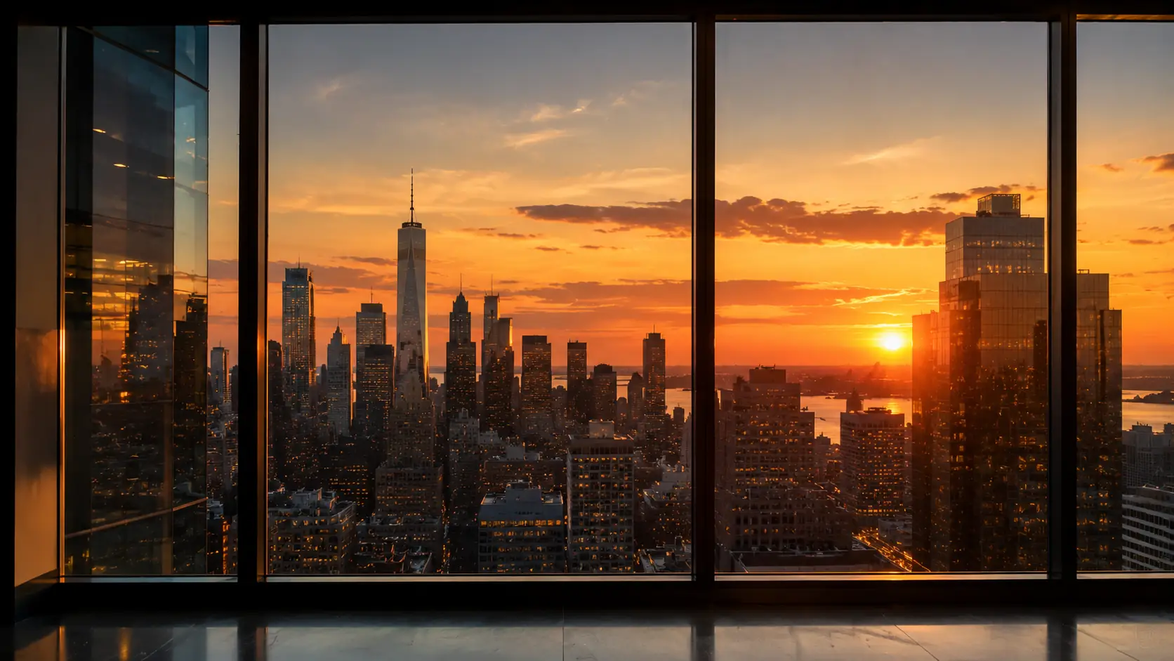 Before-and-after comparison of OpenAI demo text removed from a sunset city window photo.