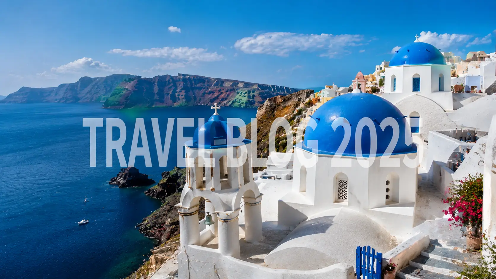 Before-and-after comparison of large travel blog text removed from a Santorini photo.
