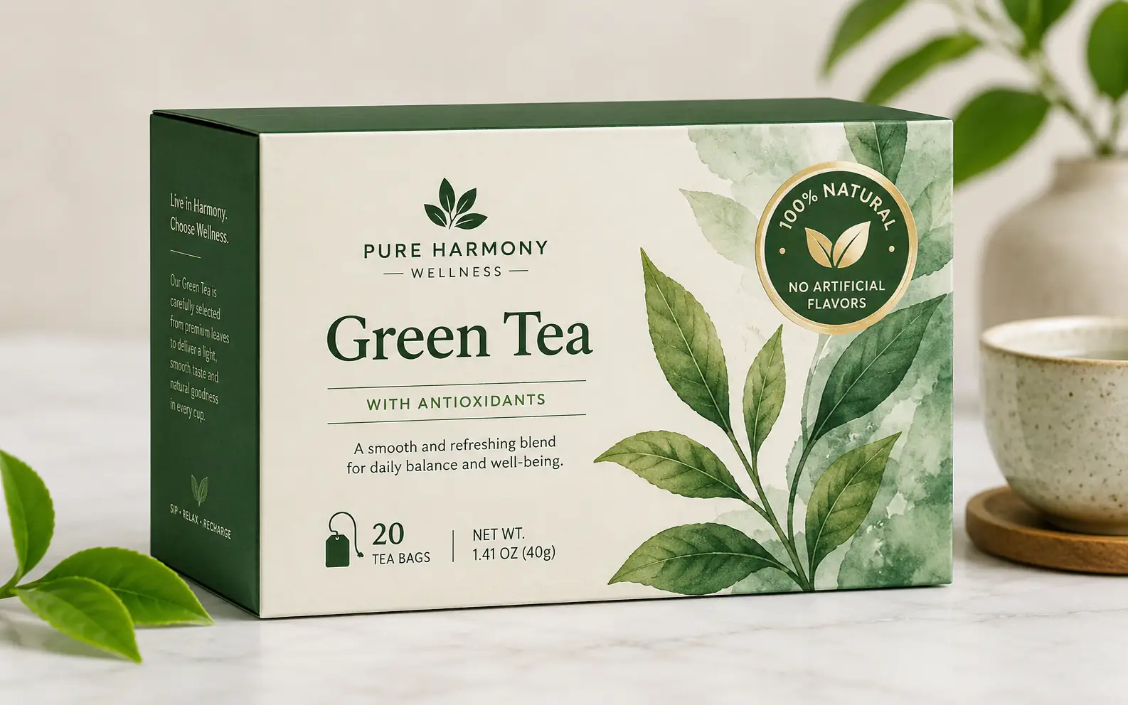 Before-and-after comparison of a product badge removed from a green tea package photo.