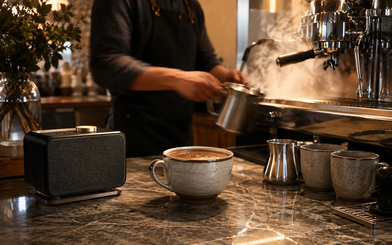 Cafe counter scene with espresso steam, coffee cups, and a small speaker as visible sound sources.