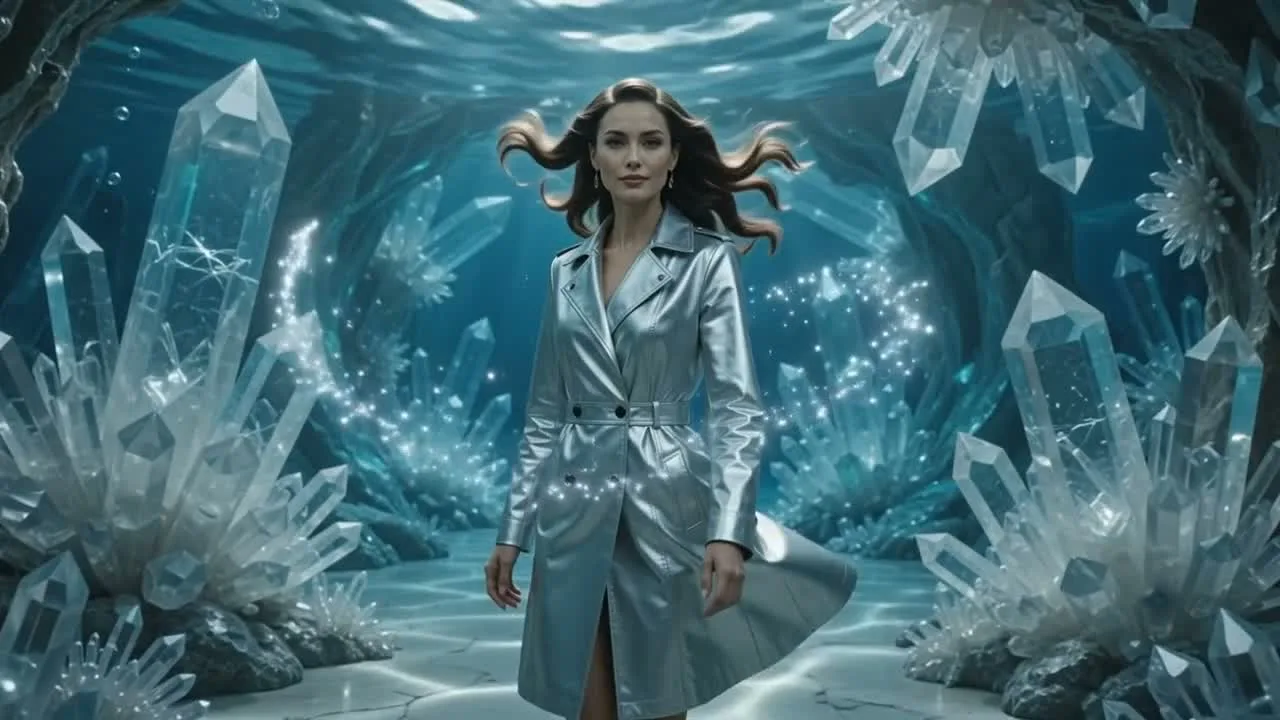 Fantasy subway transformation video still with a woman in a silver coat inside a crystal tunnel.