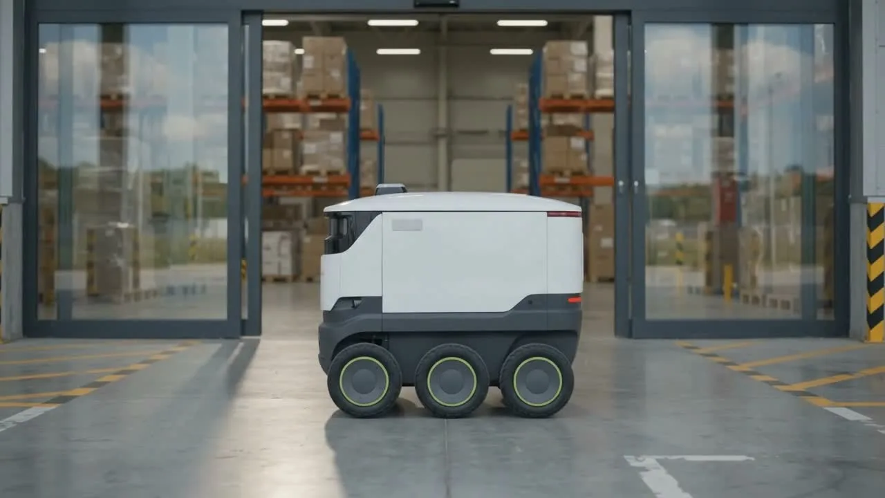 First-frame robot video still showing a compact delivery robot at a warehouse entrance.