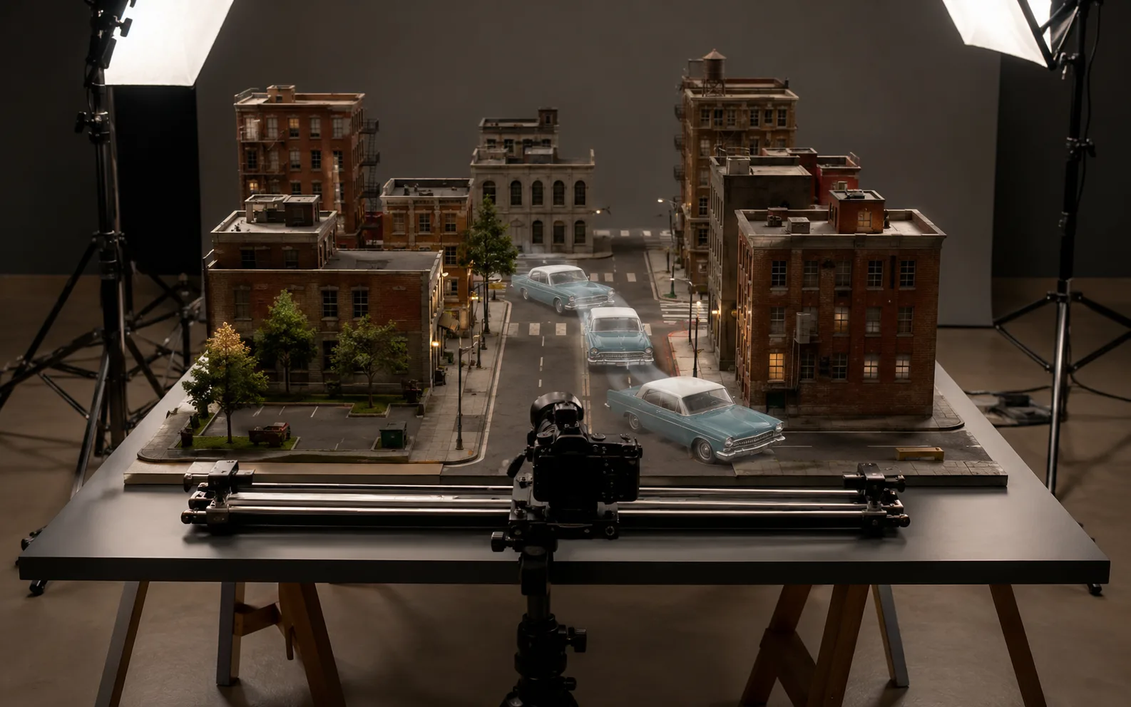 Miniature film set with a camera slider and ghosted motion positions for planning a video draft.