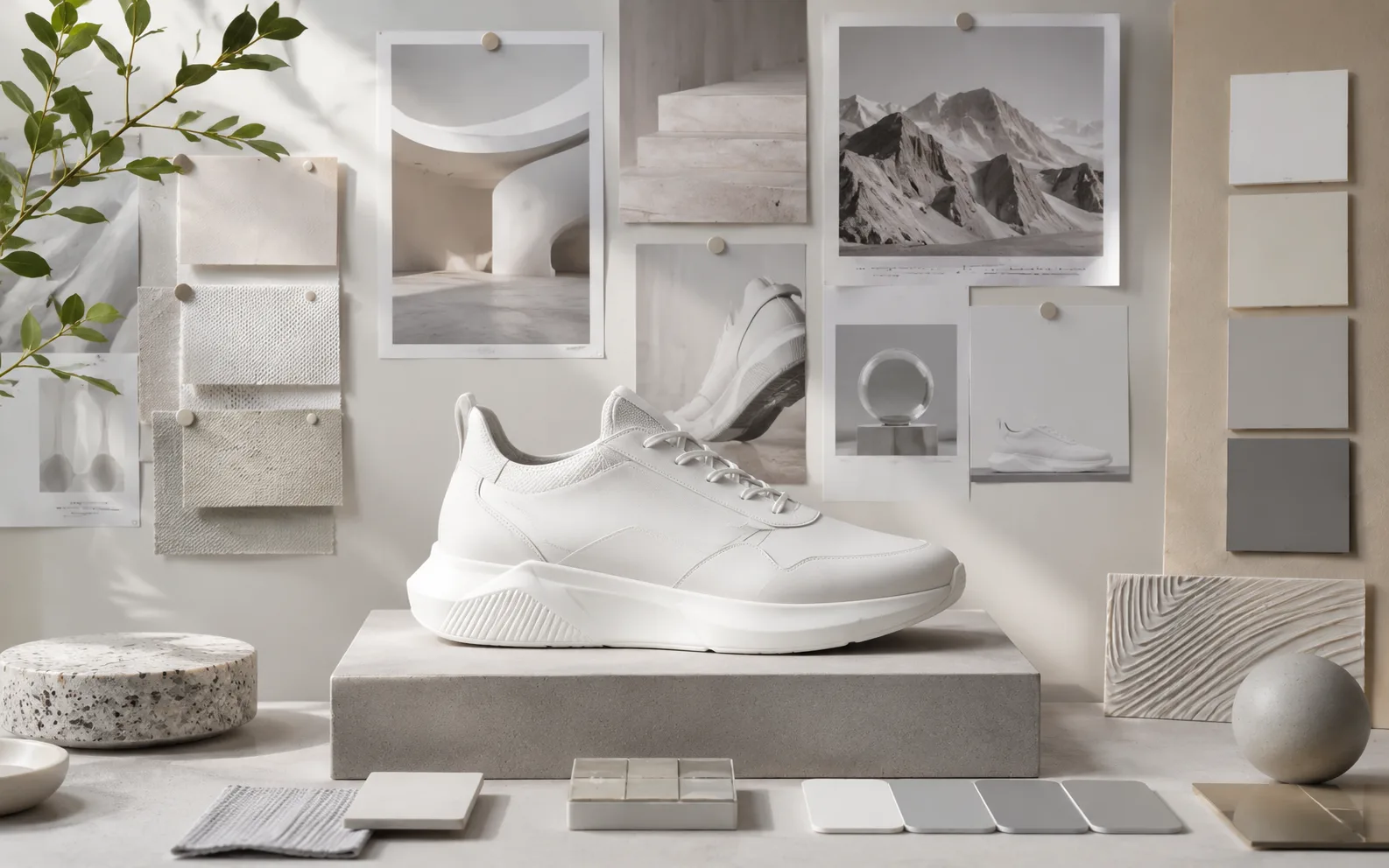 White sneaker reference board with material samples, grayscale reference images, and neutral color swatches.