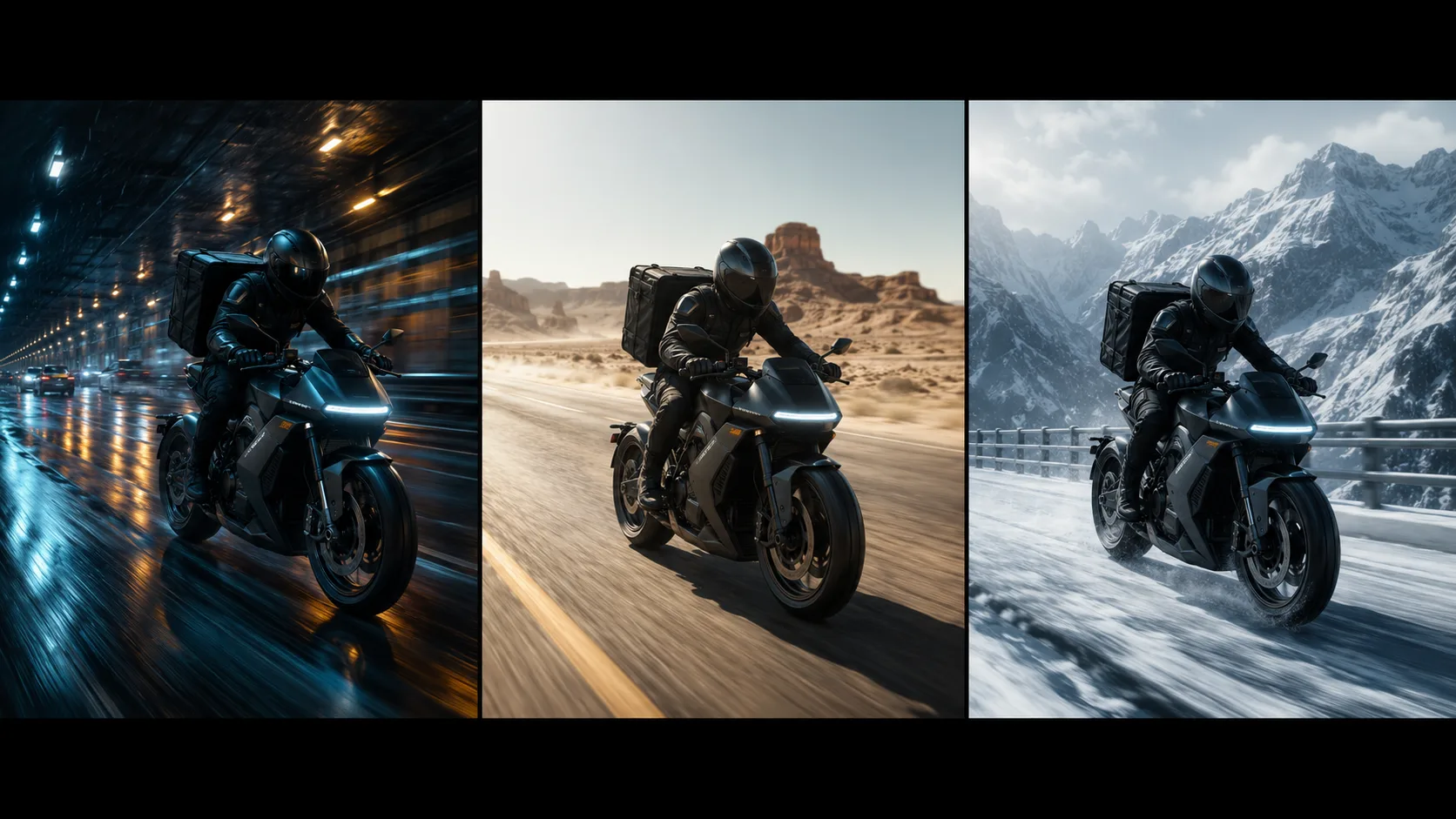Storyboard frames of a futuristic motorcycle courier across different environments.
