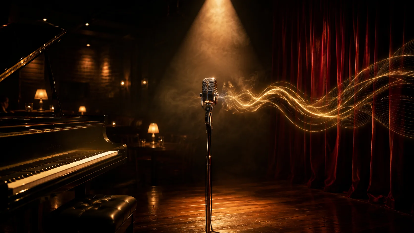 Jazz club stage with a microphone and glowing sound-wave trails.