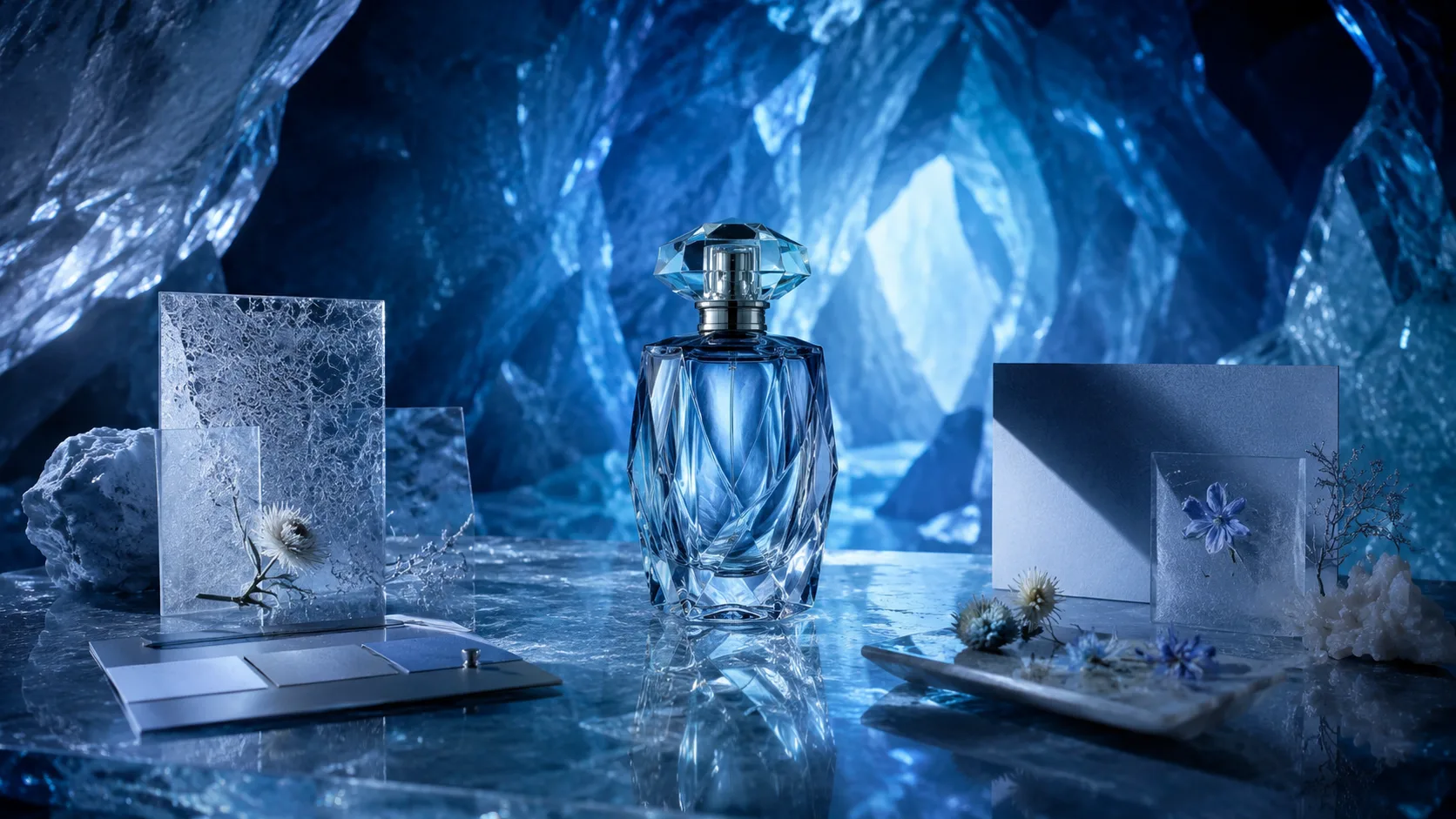 Luxury perfume bottle reference board inside a blue crystal cave.