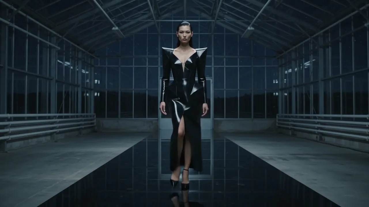 Fashion model on a glossy runway during a surreal style-shift video draft.