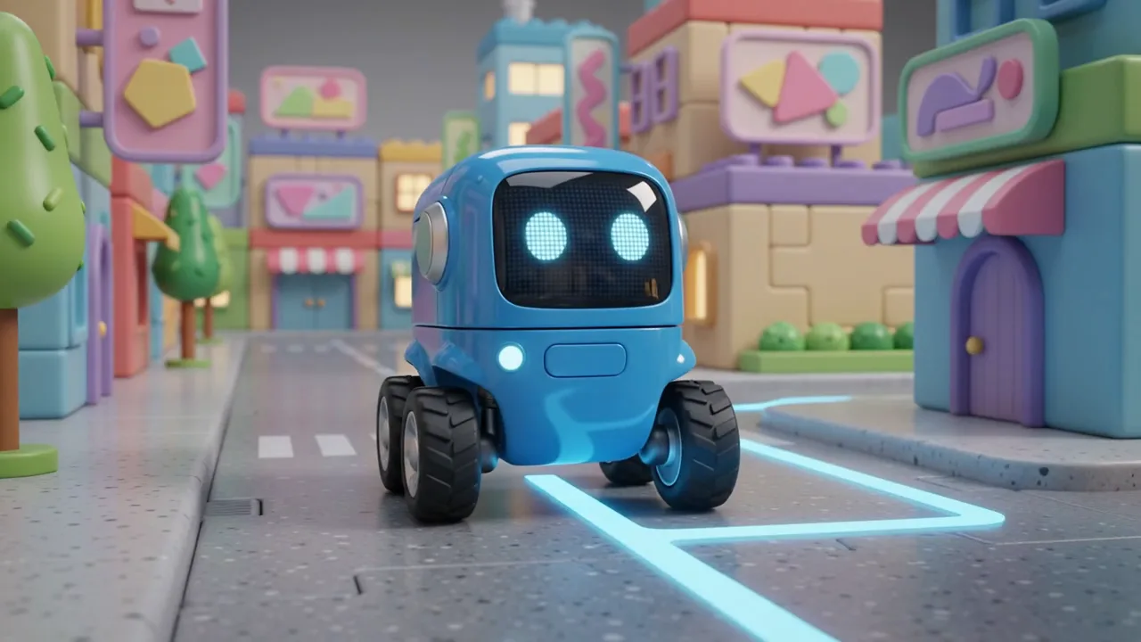 Tiny blue delivery robot moving through a colorful miniature toy city.