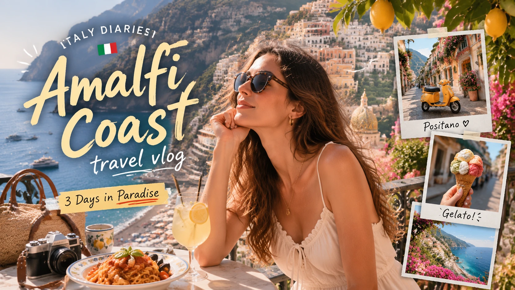 A travel-style social post graphic for the Amalfi Coast featuring a creator portrait, scenic coastline, and postcard-style trip snapshots.