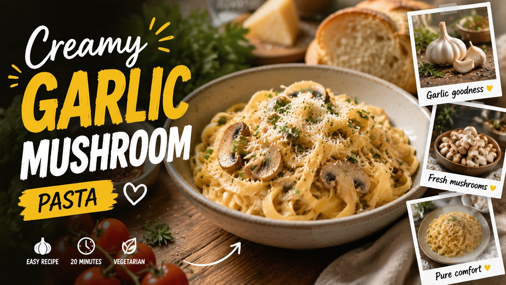 A recipe-style social post graphic featuring creamy garlic mushroom pasta with ingredient snapshots and quick meal callouts.