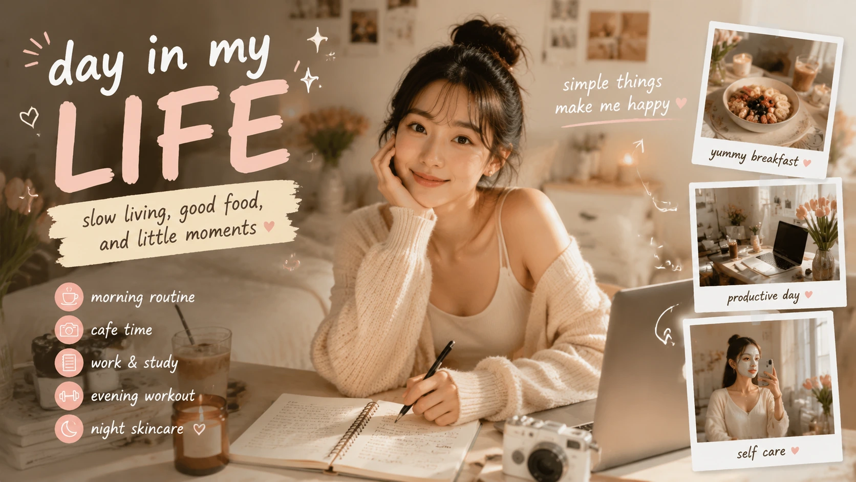 A day-in-my-life social post graphic featuring a creator at a desk with routine snapshots and soft lifestyle styling.