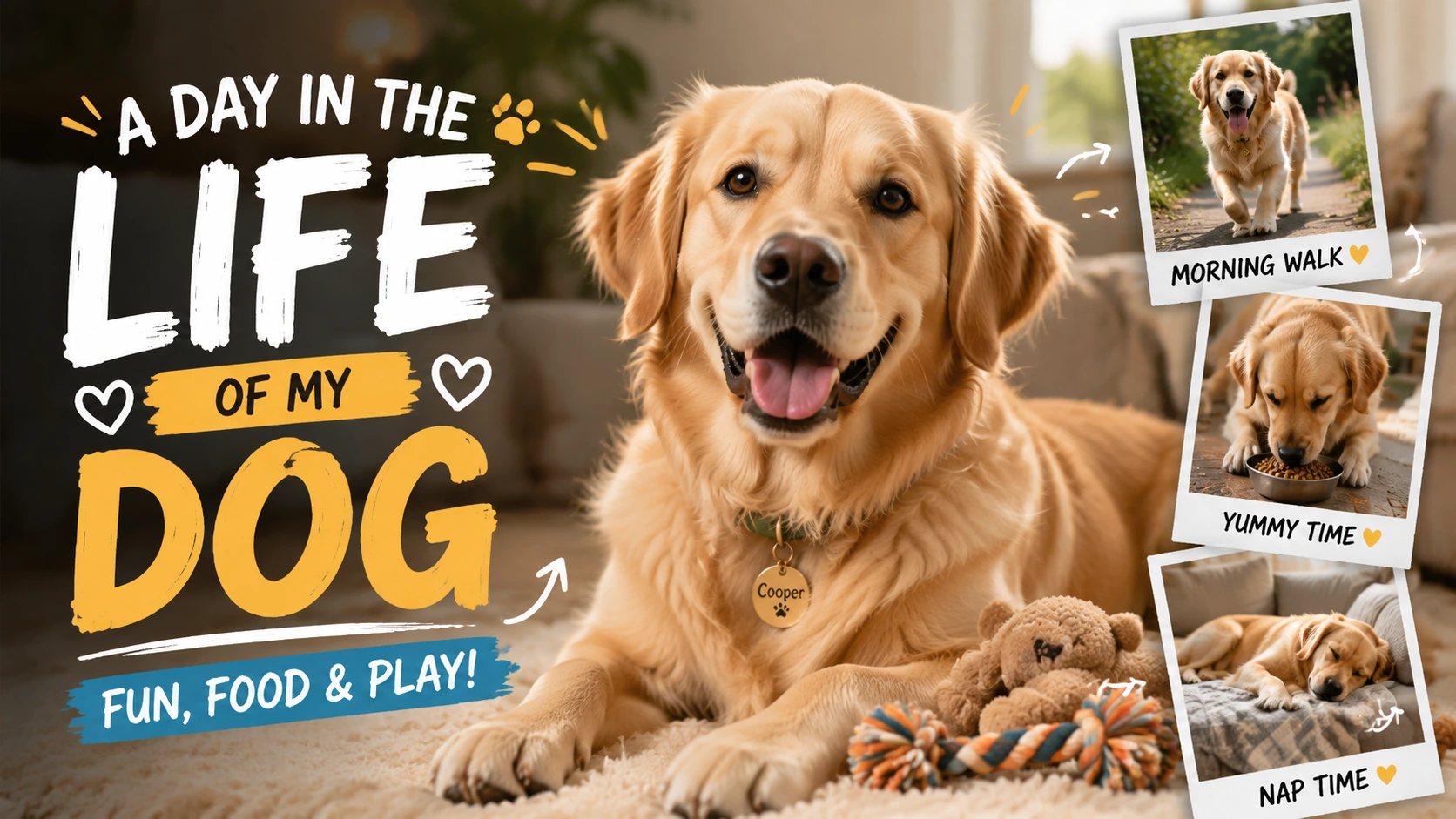 A playful pet social post graphic featuring a golden retriever with activity snapshots for walk time, meal time, and nap time.