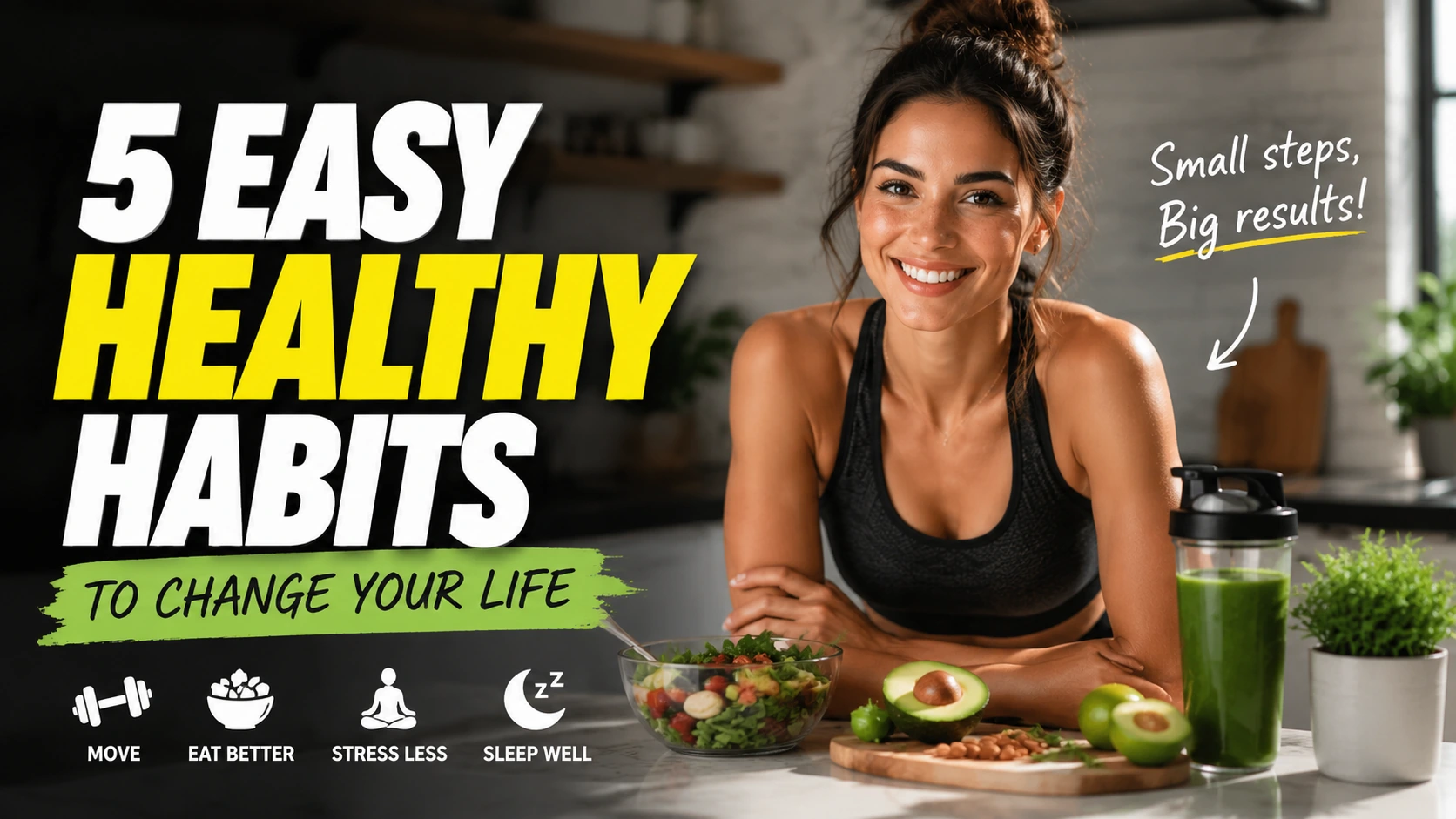 A wellness-style social post graphic featuring a fitness creator, healthy food, and bold healthy habits headline text.