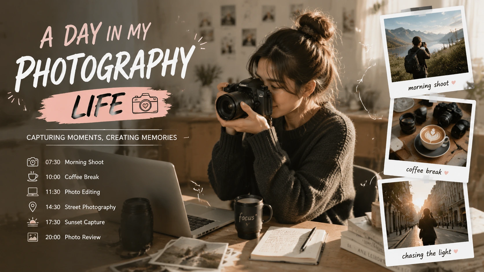A creator-style photography social post graphic featuring a woman with a camera, a daily schedule, and themed snapshot cards.