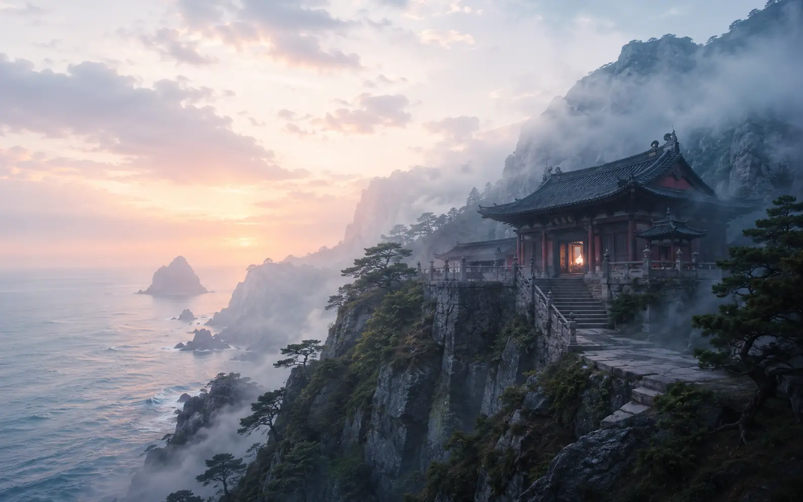 Cliffside temple by the sea at dawn generated from a text prompt.