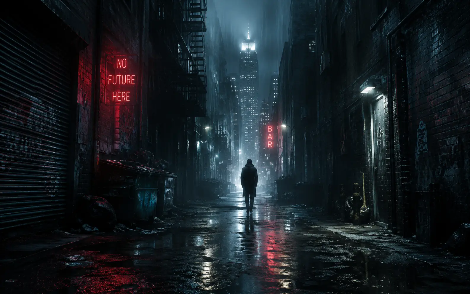 Rain-lit city cover concept generated from a text prompt.