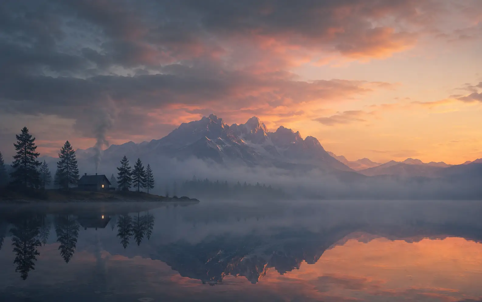 Text to image landscape scene with mist, mountains, and cinematic sunset light.