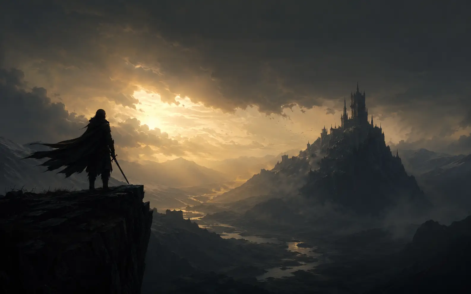 Text to image fantasy concept art with a cloaked figure and distant castle.
