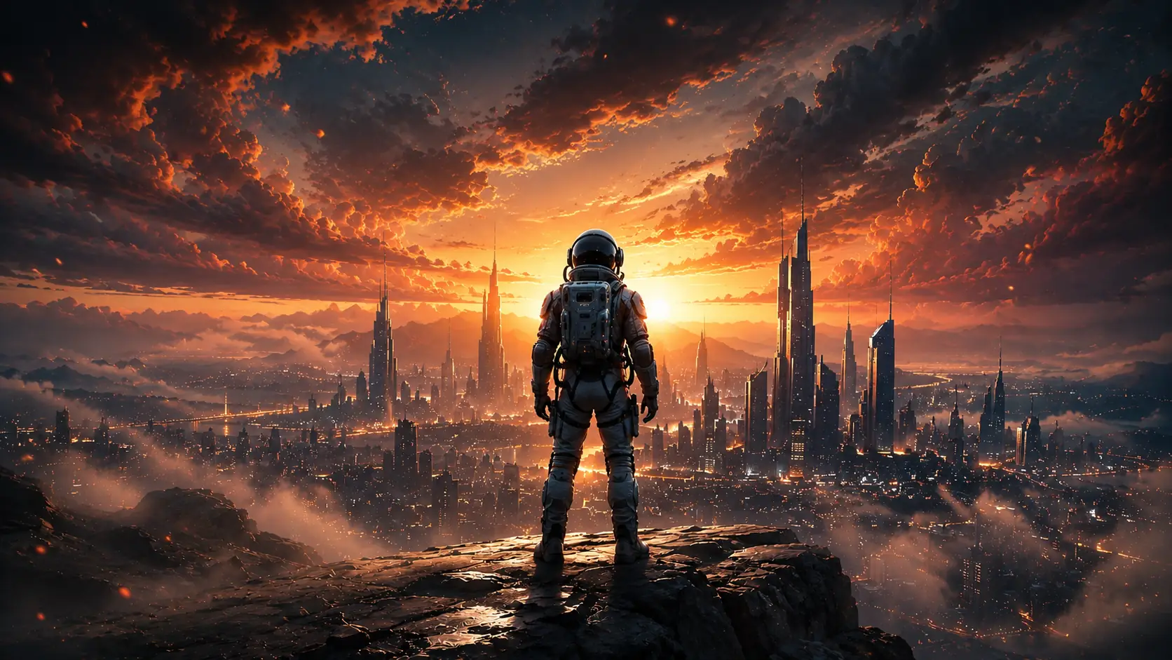 AI-generated sci-fi city scene created from a text-to-video prompt.