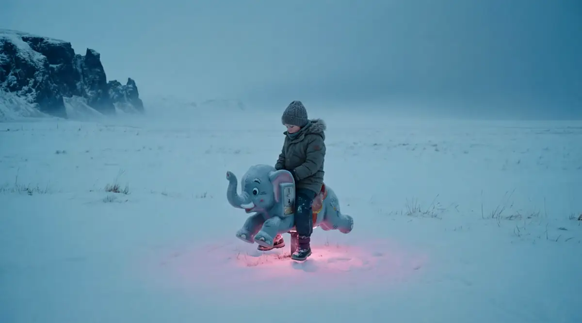 Child on a toy elephant in the snow preview