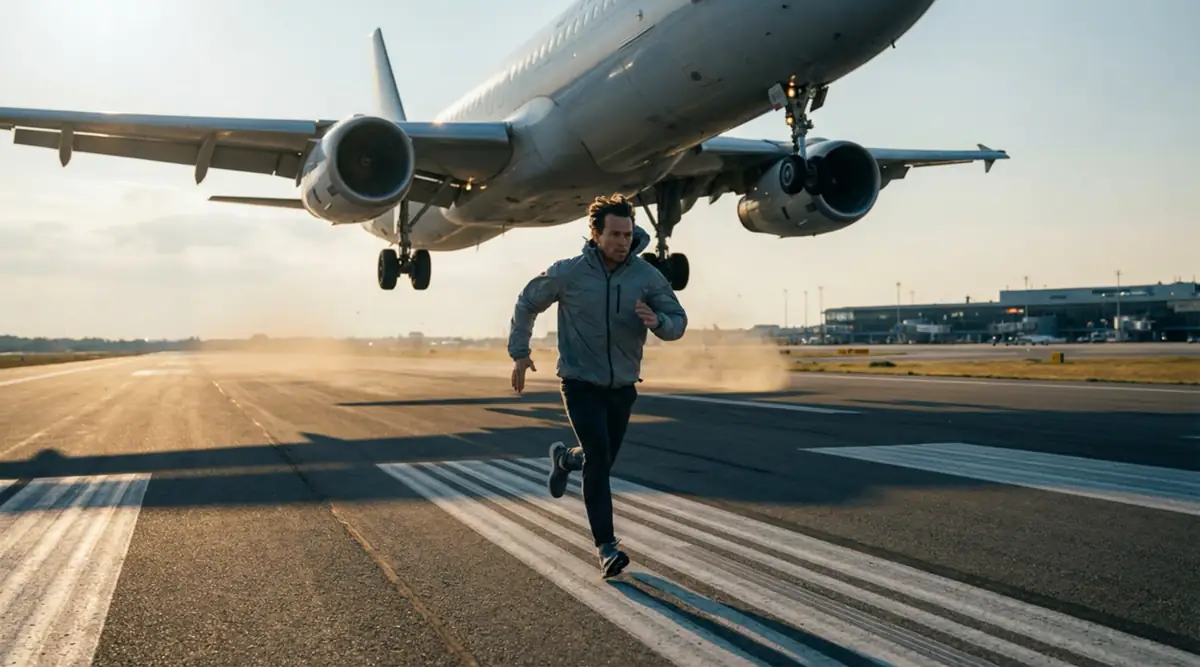 Man sprinting beneath a descending plane preview