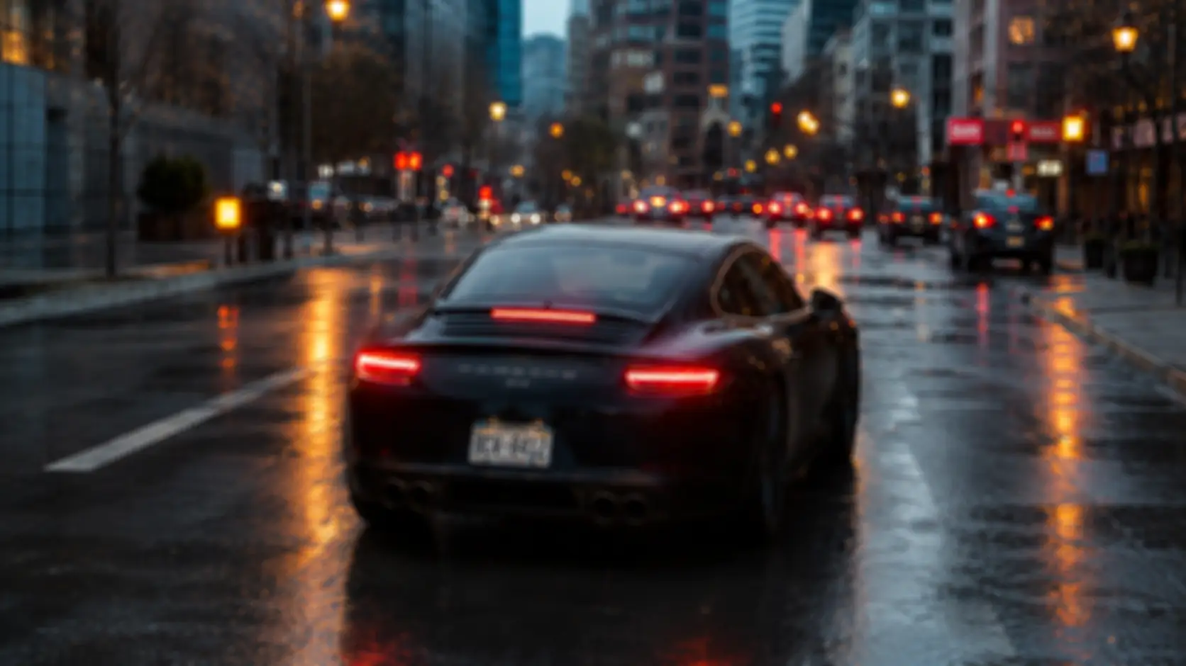 Before-and-after slider for a car on a rainy city street, showing sharper vehicle detail and clearer lights after unblurring.
