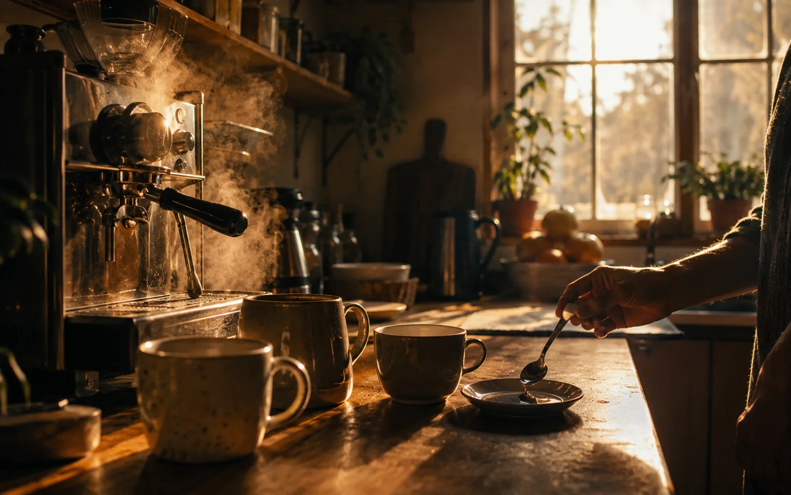Interior kitchen scene with visible objects that imply audio direction.