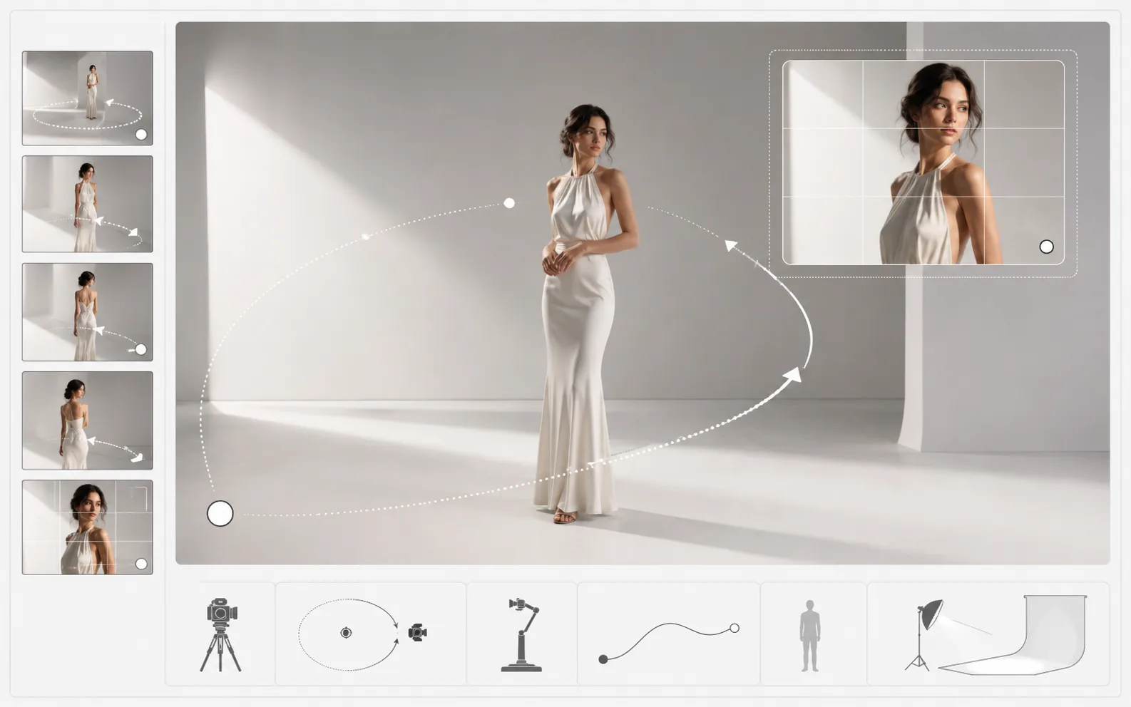 Cinematic storyboard frame showing a central subject with camera path planning.