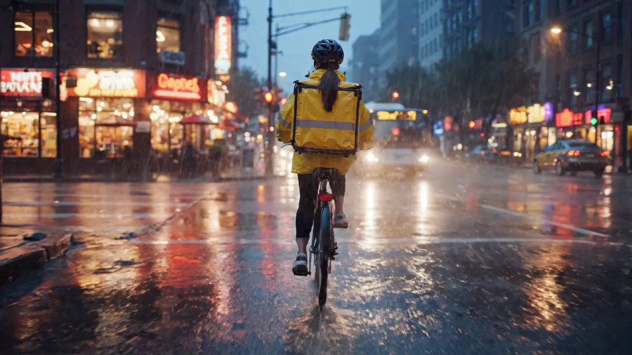 Realistic street-level action video still with a courier moving through a city scene.