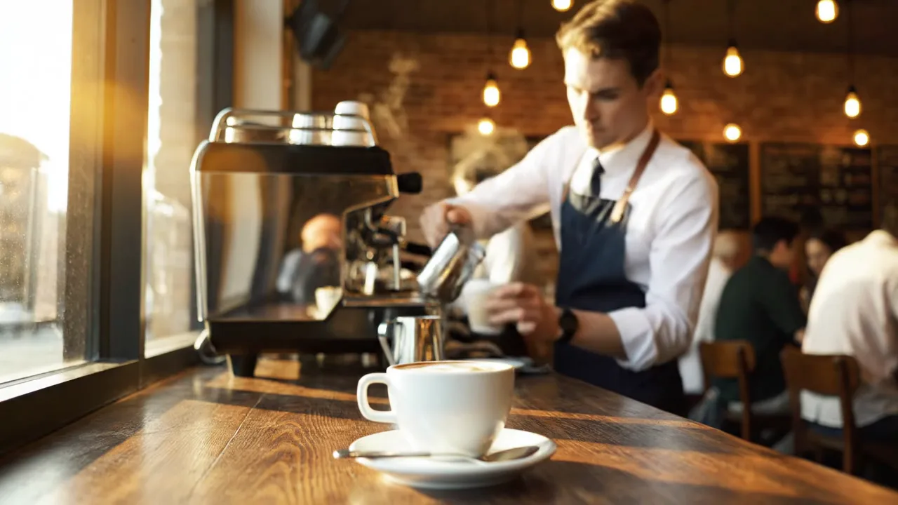 Warm cafe interior video still showing reference-style continuity for a camera push-in.