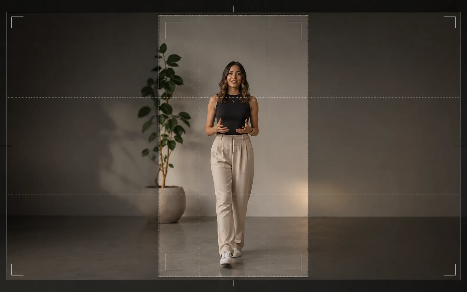 Vertical video planning image with a centered subject and safe-frame crop area.