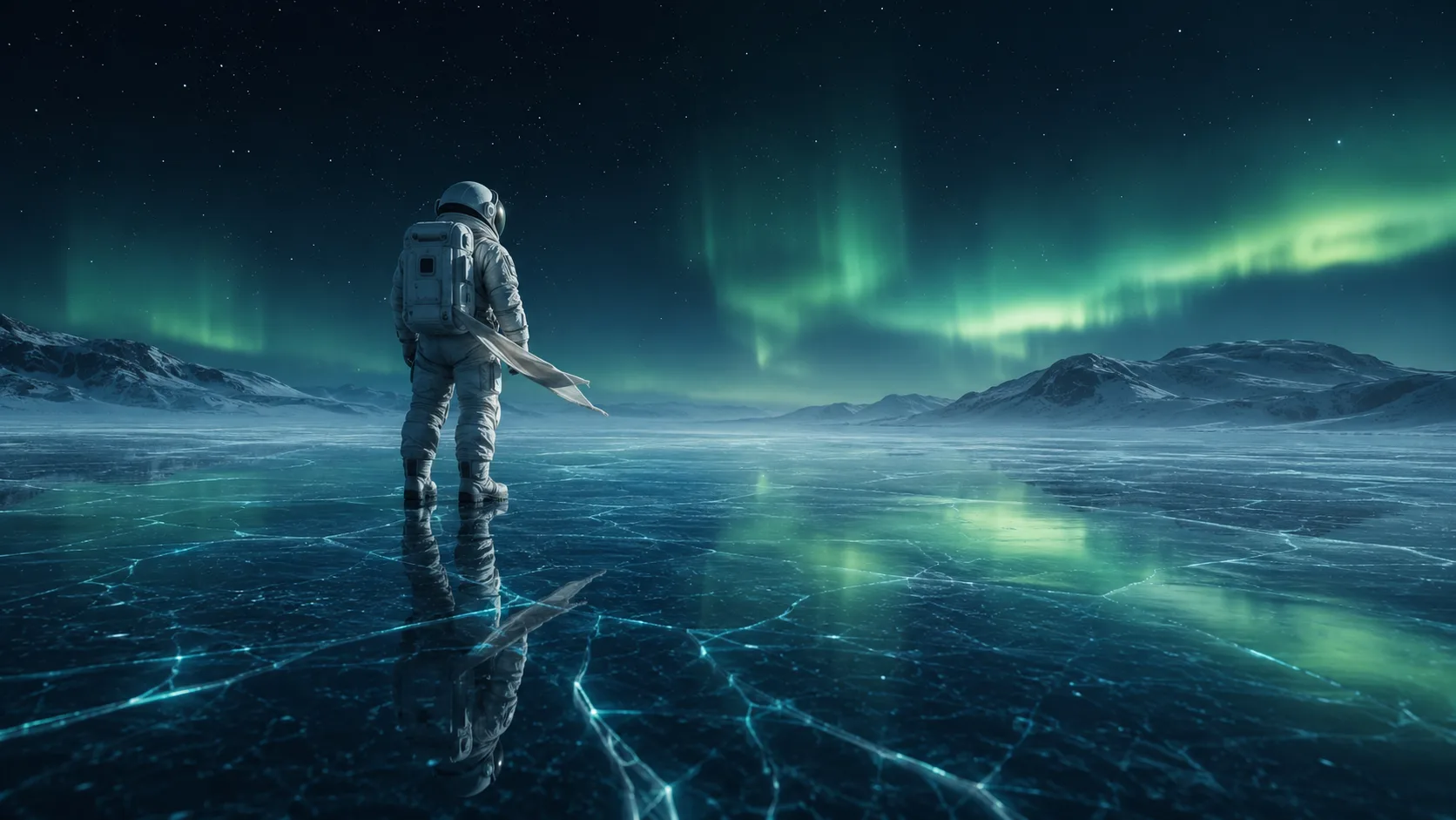 Cinematic keyframe of an astronaut standing on a cracked glass lake under green aurora.