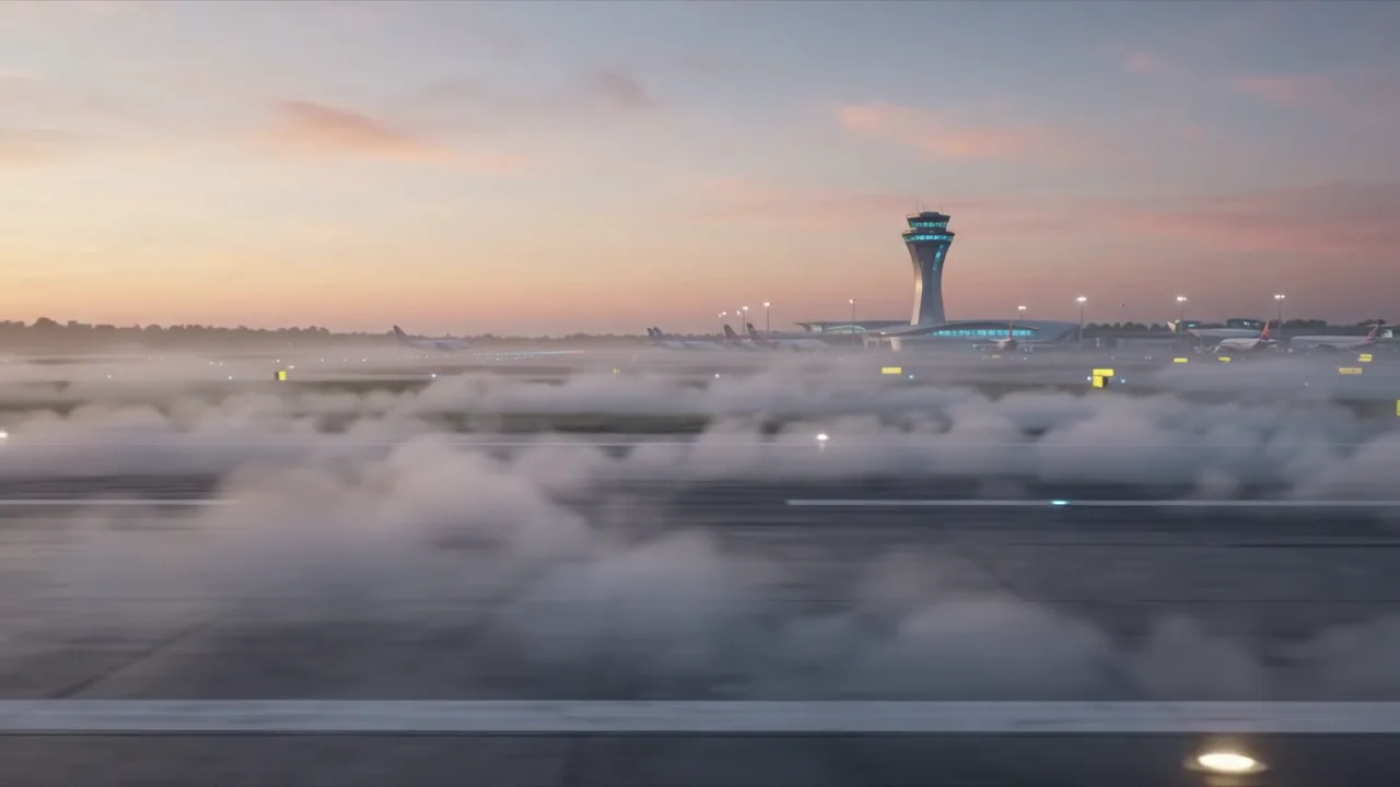 Autonomous aircraft moving through fog on a futuristic runway at dawn.
