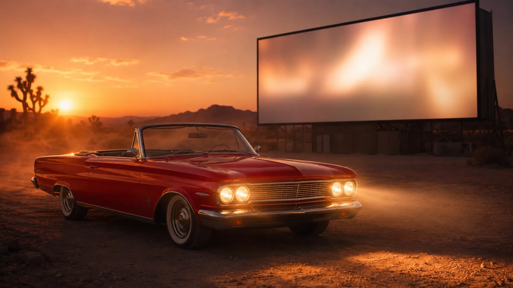Cinematic keyframe of a red vintage convertible at a desert drive-in theater at sunset.